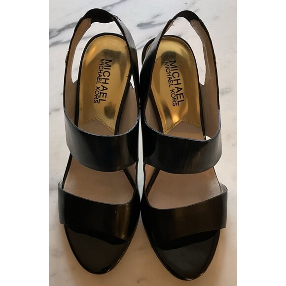 Michael Kors Shoes MK Rochelle Open Toe Black Paten Sling Back Heels Sz 6M - Picture 2 of 8